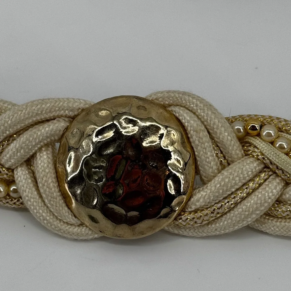 Vintage Braided Rope Belt Cream Gold Pearl Medallion 32